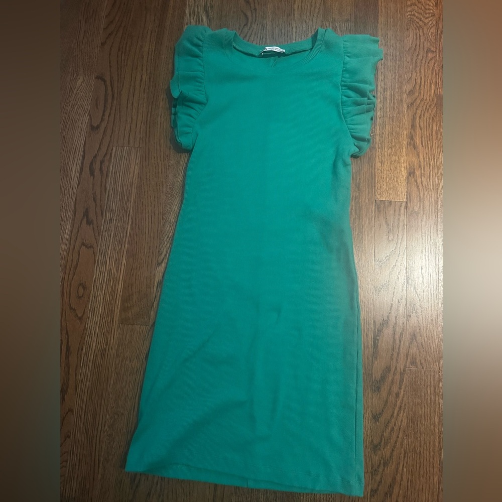Zara Bodycon Green Ruffle Sleeve Dress ribbed XSmall spring Easter